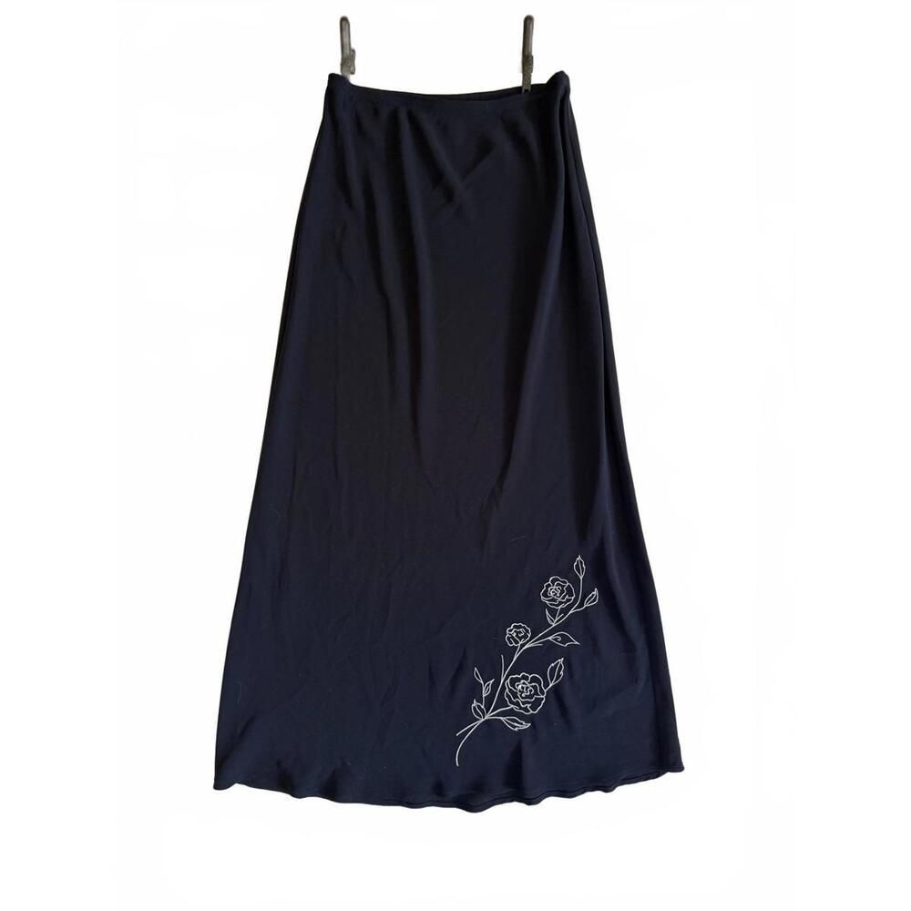 dressbarn Navy Blue Maxi Skirt with Floral Embroidery